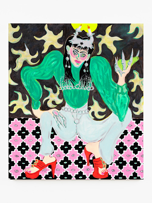 Constance Tenvik, Karma She With Pear, 2021. Gouache, acrylic, pearl, glitter, pastel on canvas, 150 x 130 cm (59 x 51 in)
