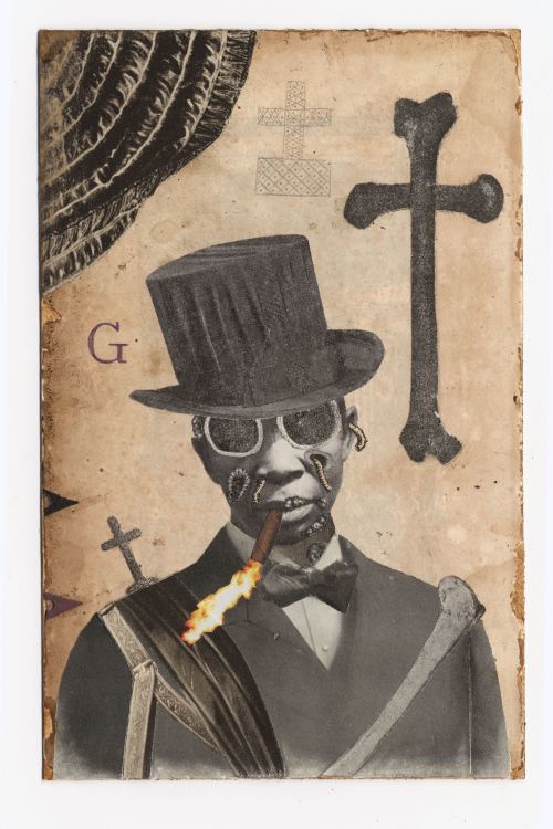 Stefan Danielsson, Baron Samedi, 2004. Collage, watercolor, pencil, leaves on paper in unique frame with embroidered ribbon, 7 x 5 in, 18 x 11 cm