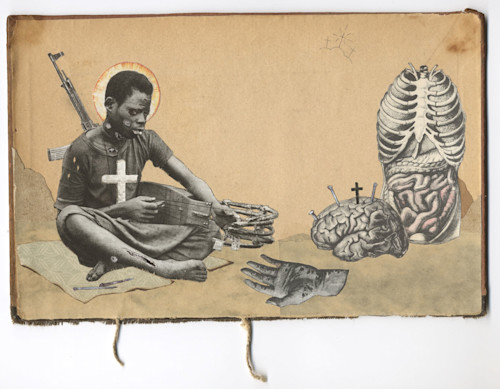 Stefan Danielsson, L.R.A. Lord Resistance Audio, 2004. Collage, watercolor and pencil on paper in unique frame with thorns, 6 x 9 in, 15 x 23 cm