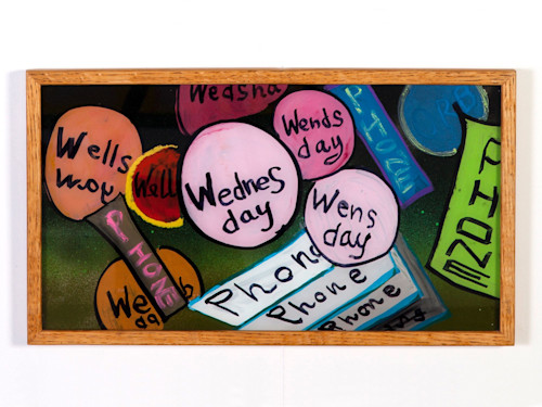 Brian Belott, Wendnesday, 2014. Reverse glass technique, mixed media on glass, 9.5 x 17 in, 24 x 43 cm