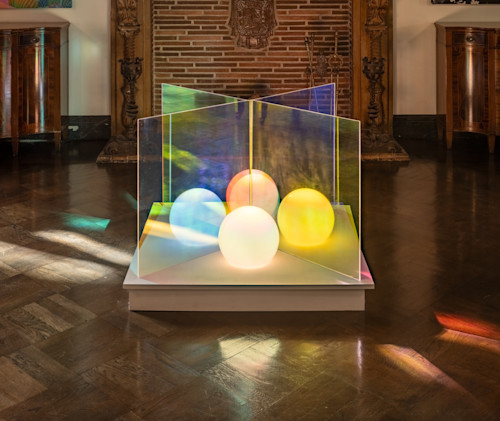Christian Sampson, El Royale Globe Film, 2025. Acrylics, Glass, Dichroic Films, LED Bulbs Wood Plinth, 38 x 38 x 30 in (97 x 97 x 76 cm)