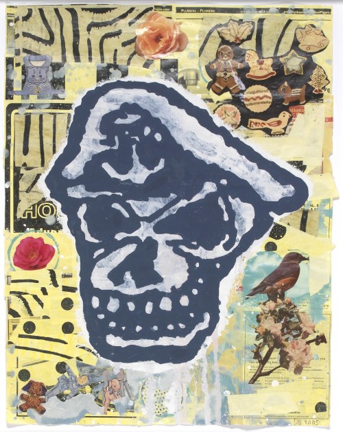 Donald Baechler, Skull Yellow 4, 2005. Gouache, vinyl paint and paper collage on paper, 27 x 21 in, 69 x 53 cm