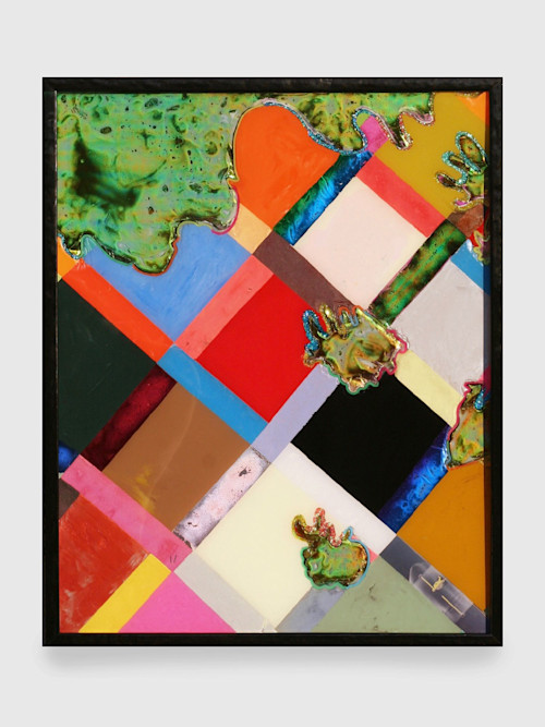 Brian Belott, Greased Icecake 2, 2014. Acrylic and foil on plexi, 21 x 17 in, 53 x 43 cm