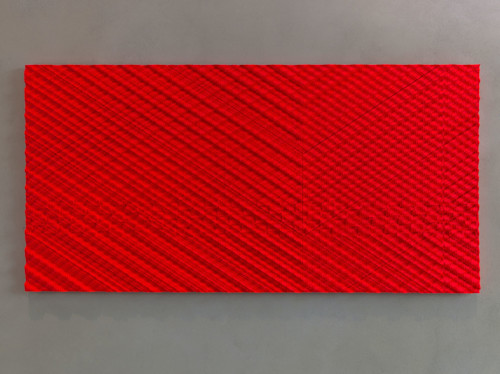 Ara Peterson, Intersecting Streams Red, 2012. Acrylic paint on wood, 48 x 96 in, 122 x 244 cm