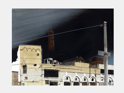 Alex Lukas, Factory On Fire, 2006. Watercolor, gouache, ink, spraypaint, acrylic on paper, 7 x 9 in, 17 x 22 cm