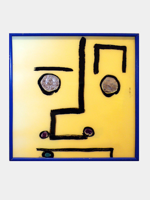 Brian Belott, Elcron, 2011. Acrylic, foil and cellophane on glass, 17 x 16 in, 43 x 41 cm