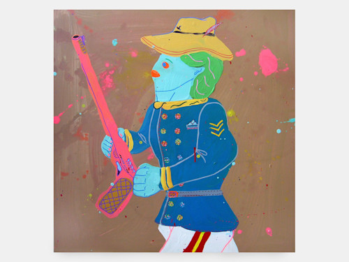 Misaki Kawai, Blackbird Hunter, 2007. Acrylic and collage on canvas, 30 x 30 in, 76 x 76 cm