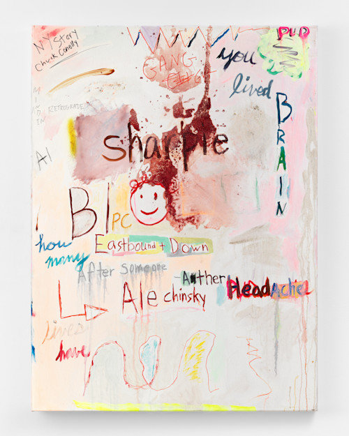 Alicia Gibson, Off Script, 2019. Oil, Rit dye, graphite or mixed media on canvas, 48 x 36 in (122 x 91 cm)