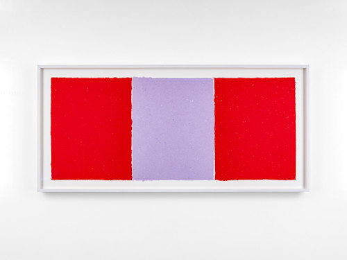 Ethan Cook, Red, Lavender, Red, 2020. Handmade pigmented paper, 14 x 33 in, 36 x 85 cm