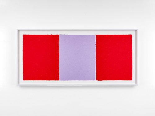 Ethan Cook, Red, Lavender, Red, 2020. Handmade pigmented paper, 14 x 33 in, 36 x 85 cm
