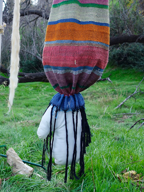 Francine Spiegel, Beam On, 2018. Sculpture of hand woven textile, found textile and various