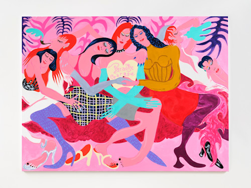 Constance Tenvik, Long Reaching Gloves, 2021. Flashe, acrylic, gouache, pearl, glitter, aqua oil, oil on canvas, 150 x 200 cm (59 x 79 in)