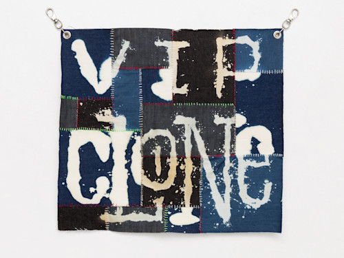 Spencer Longo, VIP Clone, 2015. Denim, bleach, embroidery floss and hardware, 28 x 30 in, 71 x 76 cm