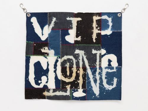 Spencer Longo, VIP Clone, 2015. Denim, bleach, embroidery floss and hardware, 28 x 30 in, 71 x 76 cm