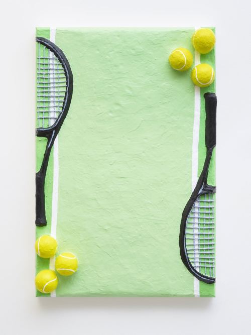 Gina Beavers, Tennis Racket Stationery, 2018. Acrylic and plastic on canvas on panel, 36 x 24 in, 91 x 61 cm