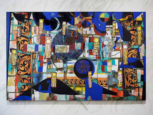 Alfred Boman, Bee World, 2016. Acrylic, glue emulsion, fabrics-collage, oil, wax and spraypaint on canvas, 75 x 118 in, 190 x 300 cm
