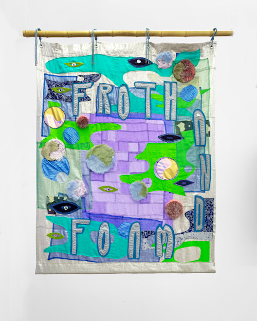 Zadie Xa, A Map a Scroll and a Lyric 2- Froth Foam, 2018. Machine stitched and hand sewn fabric, mother of pearl buttons, glass beads, faux fur and bamboo, 63 x 55 in (160 x 140 cm)