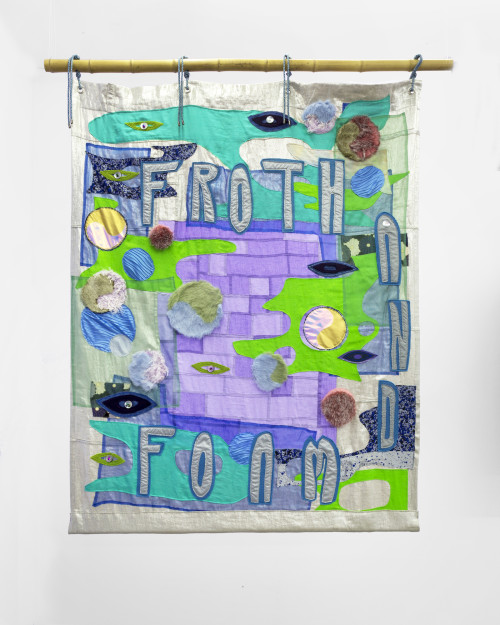 Zadie Xa, A Map a Scroll and a Lyric 2- Froth Foam, 2018. Machine stitched and hand sewn fabric, mother of pearl buttons, glass beads, faux fur and bamboo, 63 x 55 in (160 x 140 cm)