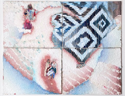 Emma Soucek, Larry X Said: Food, Shelter, Clothing, Everything Else is a Blessing. 2020, Paper, glue, acrylic and oil on canvas, Quadriptych, 57 x 71 in, 144 x 180 cm