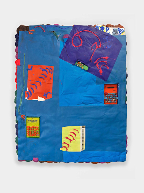Brian Belott, Zartara, 2016. Cotton batting, colorfast paper, acrylic paint, calculators, colored sand, stones and shells, 82 x 69 x 6 in, 208 x 175 x 15 cm
