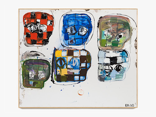 Eddie Martinez, Big BH Grid No. 3, 2020. Acrylic, oil, collage, spray paint and pushpins on canvas, artist's frame, 60 x 72 in (152 x 183 cm)