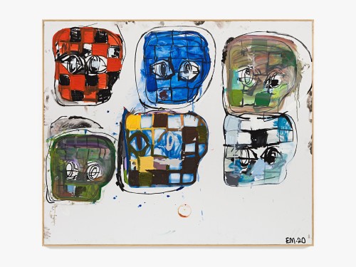 Eddie Martinez, Big BH Grid No. 3, 2020. Acrylic, oil, collage, spray paint and pushpins on canvas, artist's frame, 60 x 72 in (152 x 183 cm)