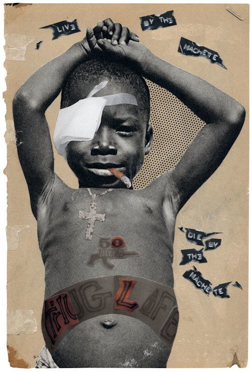 Stefan Danielsson, Live by the Machete, Die by the Machete, 2004. Collage on paper in unique frame, 9 x 6 in, 22 x 15 cm