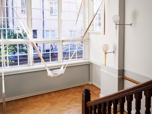Ivana Basic, Disintegration in the direction of something other than death #2, 2014. Wax, silk, weight, elastic bands, cushioning, 14 x 16 x 11 in (36 x 41 x 28 cm) (Full height variable)