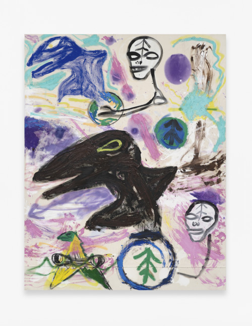 Bill Saylor, Tropical Twin, 2020. Oil, spray enamel, charcoal on canvas, 84 x 64 in (213 x 163 cm)