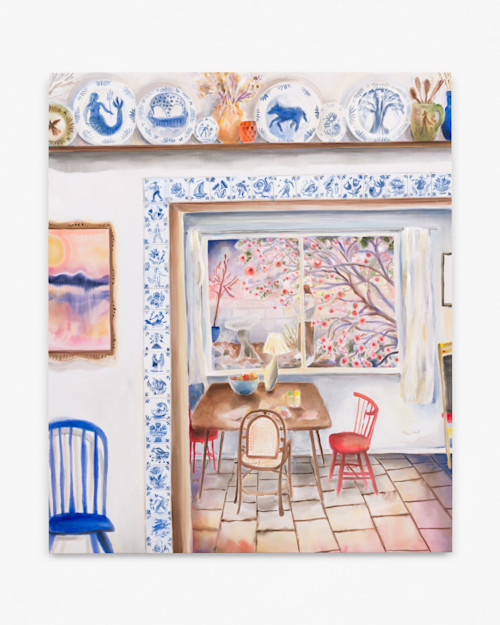 Michelle Blade, The Certainty of Camellias, 2022. Acrylic and ink on poplin, 74 x 62 in (188 x 157 cm)