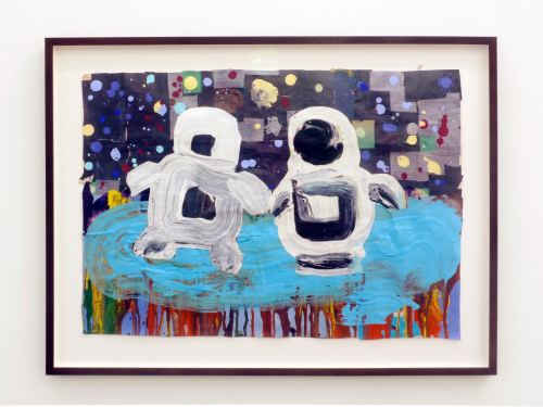 Brian Belott, Slobbots in Space, 2008. Acrylic and collage on paper, 16 x 24 in, 41 x 61 cm