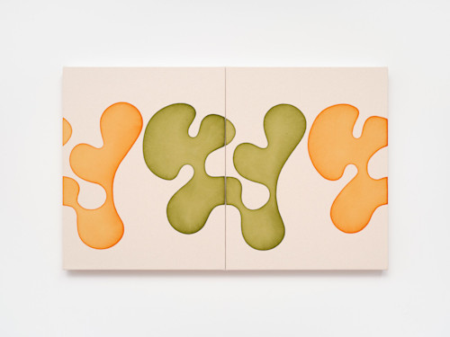 Landon Metz, Untitled, 2020. Diptych, Dye on canvas (Tangerine, Green), 20 x 32 in, 51 x 81 cm