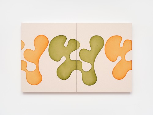 Landon Metz, Untitled, 2020. Diptych, Dye on canvas (Tangerine, Green), 20 x 32 in, 51 x 81 cm