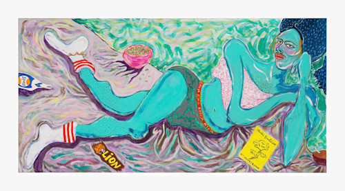 Constance Tenvik, I Have No More Memories Than If I'd Lived A Thousand Years (Edoardo Spacing Out), 2020. Gouache, charcoal & saffron on canvas, 100 x 200 cm (39 x 79 in)