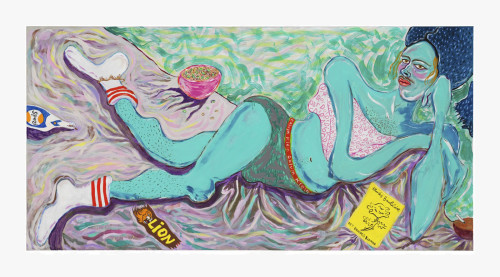 Constance Tenvik, I Have No More Memories Than If I'd Lived A Thousand Years (Edoardo Spacing Out), 2020. Gouache, charcoal & saffron on canvas, 100 x 200 cm (39 x 79 in)