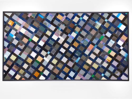 Brian Belott, Ground Hearth, 2011. Reverse glass technique, Acrylic, foil, paper, cellophane on plexi, 36 x 66 in, 91 x 168 cm