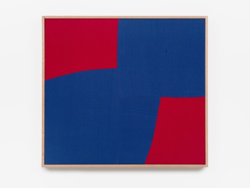 Ethan Cook, Bleu Rouge 2, 2021. Hand woven cotton and linen framed, 29 x 32 in, 74 x 81 cm