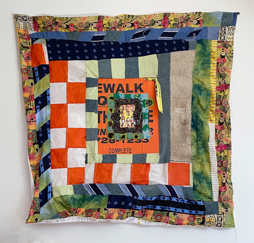 Utē Petit, Scabs from the Sidewalk, 2020. Street sign from Astor Place, paper pulp, style guide from Crown Heights, boat sail from I-75, combs n picks, fabric from Granny, 54 x 54 in, 137 x 137 cm