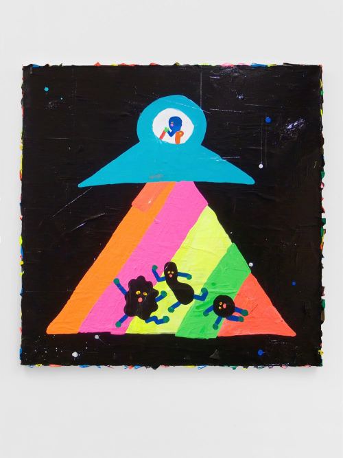 Misaki Kawai, Space Kidnap, 2011. Acrylic, fabric and paper on canvas, 48 x 48 in, 121 x 121 cm