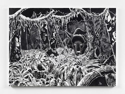Mark Thomas Gibson, Rare Opportunities (to interact with native population for lucrative exchange), 2019. Ink on canvas, 48 x 66 in, 122 x 168 cm
