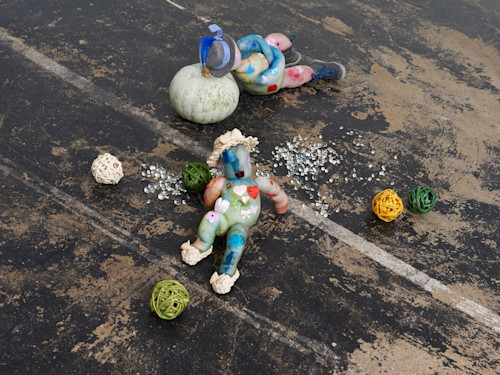 Olga Pedan, Sheina & Golda. Acrylic, textile appliqué, nylons, polyfill, glass and straw