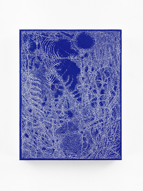 Jean Nagai, Evergreen Parkway, 2024. Correction fluid, acrylic on canvas, 14 x 11 in (35 x 28 cm)