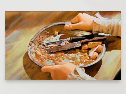 Francine Spiegel, Supper, 2010. Acrylic and oil on canvas, 13 x 22 in, 33 x 56 cm