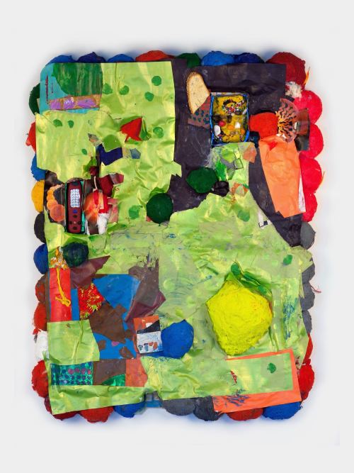 Brian Belott, Dolcette, 2015. Cotton batting, colorfast paper, acrylic paint, book pages, artificial bread, dust mop head, rope, calculator and remote control, colored sand, aquarium rocks and stones, 59 x 46 x 5 in, 150 x 117 x 13