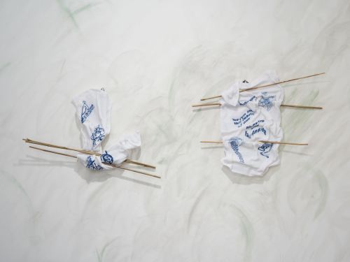 Egle Kulbokaite and Dorota Gaweda, For a Future X (I) and (II), 2016. Embroidery, towel, paraffin wax, bamboo sticks
