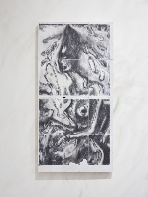 Viktor Fordell, Tears for an Eastern Girl, 2016. Concrete, wood, print transfer, acrylic, coal, glue, 47 x 24 in, 120 x 60 cm