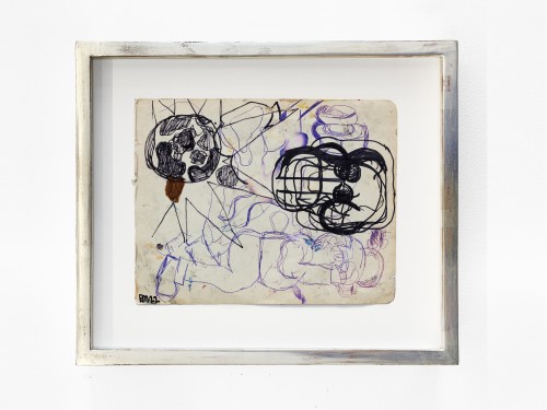 Eddie Martinez, Untitled, 2022. Ink, crayon, Sharpie, marker, acrylic paint and debris on paper, 5.25 x 7 in (13 x 18 cm) 