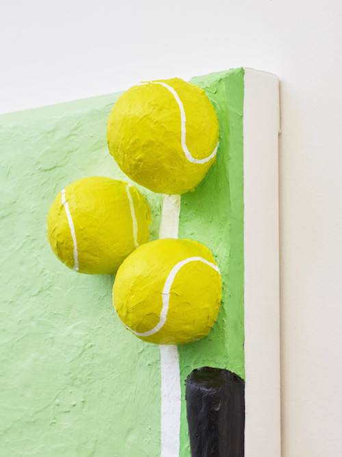 Gina Beavers, Tennis Racket Stationery, 2018. Acrylic and plastic on canvas on panel, 36 x 24 in, 91 x 61 cm