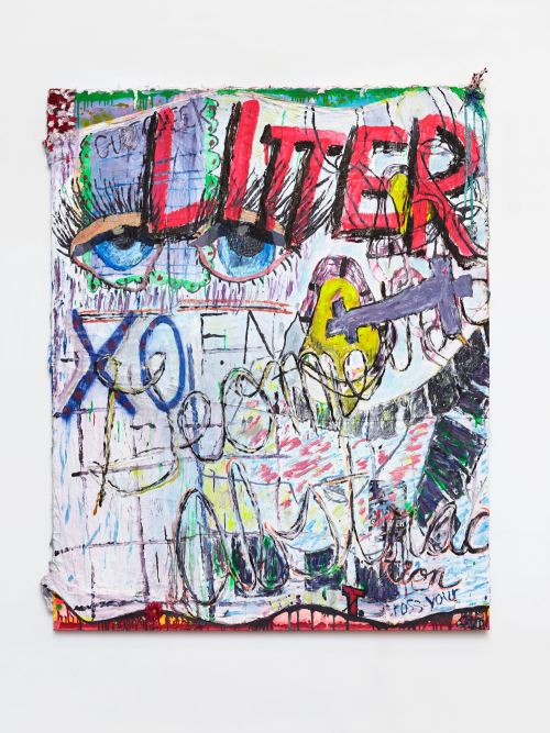 Alicia Gibson, Litter, 2017. Oil and various on muslin over canvas, 60 x 48 in, 152 x 122 cm