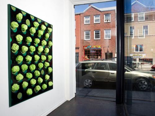 Brian Belott, Kermit, 2012. Aluminum foil, metal frame, paint, reverse glass technique, 43 x 43 in, 109 x 109 cm